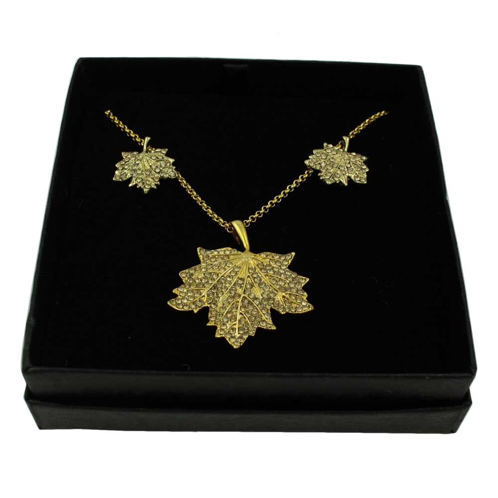Light Topaz Crystal Maple Leaf Necklace and Earring Set - PT412BS - Lilylin Designs