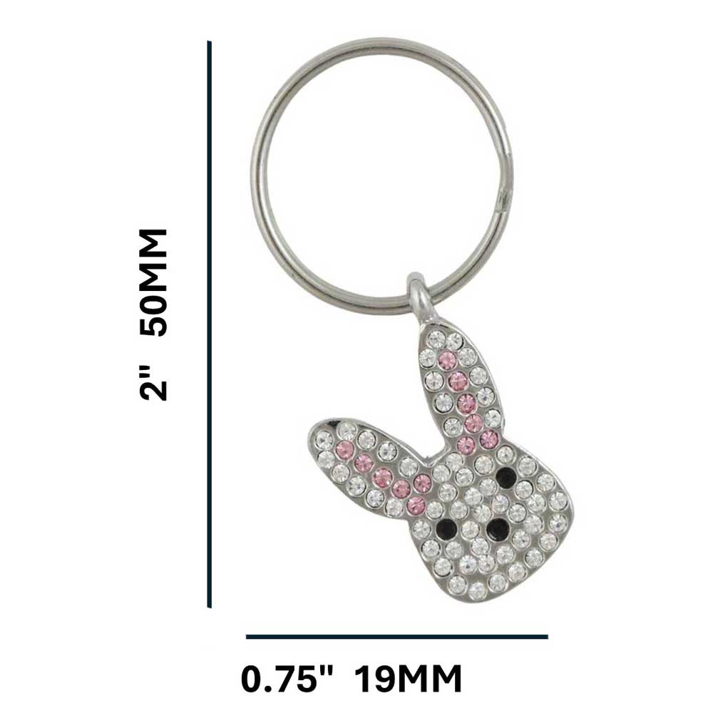Keychain with a bunny design featuring pink and clear stones on a white background with measurements - Lilylin Designs