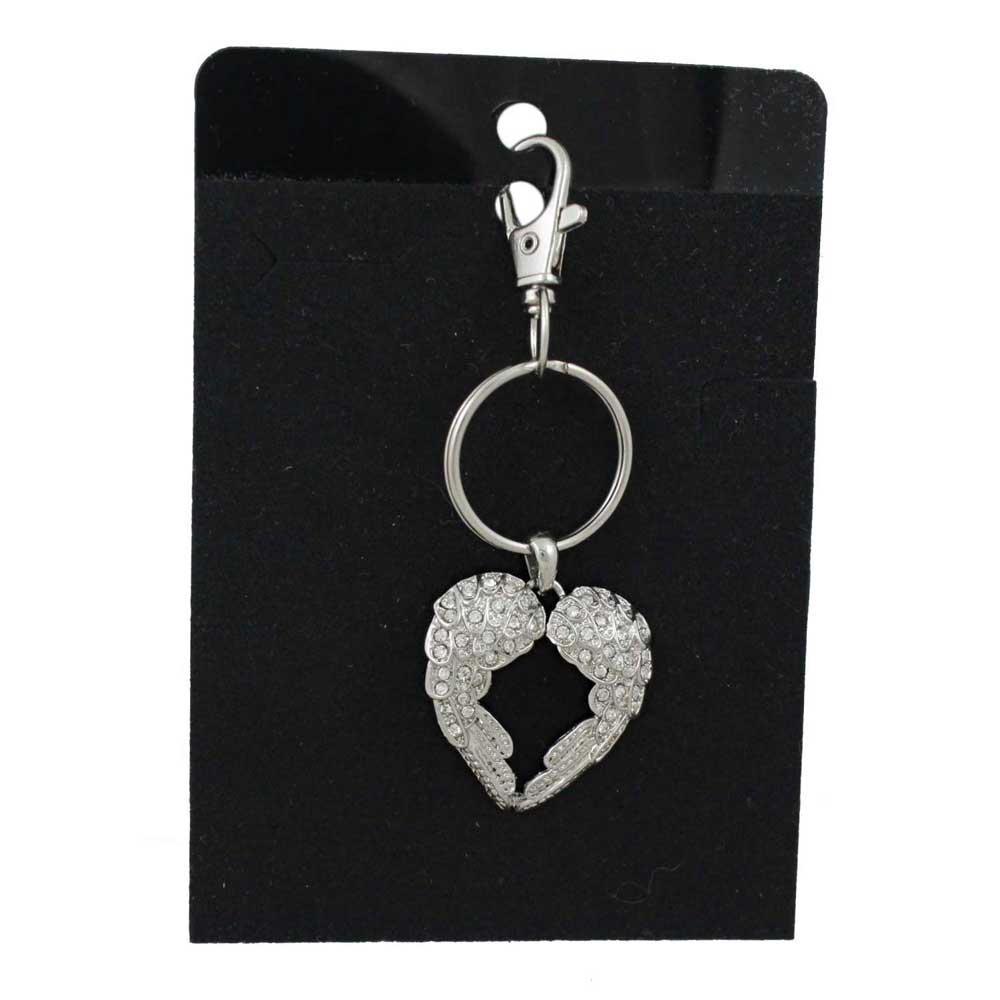 Heart shaped keychain with angel wings on a black card - Lilylin Designs