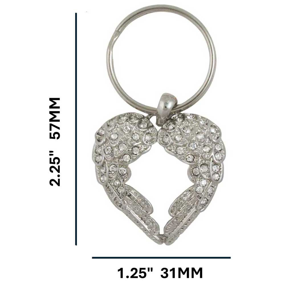 Silver and crystal angel wings keychain on a white background with measurements - Lilylin Designs