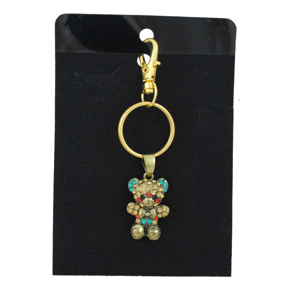 Gold teddy bear keychain with colorful stones on a black card - Lilylin Designs