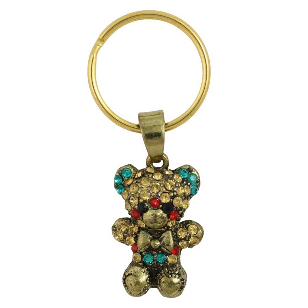 Gold teddy bear keychain with colorful stones on a white background - Lilylin Designs