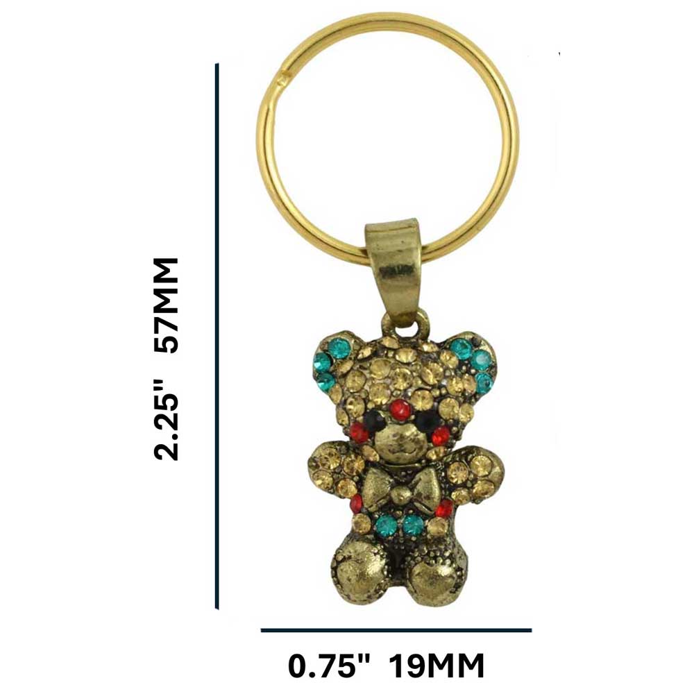 Gold teddy bear keychain with colorful stones on a white background with measurements - Lilylin Designs