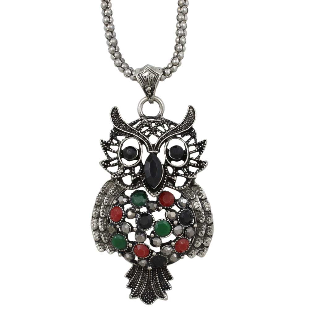 Lilylin Designs Large Black Owl Pendant on Antique Silver Chain