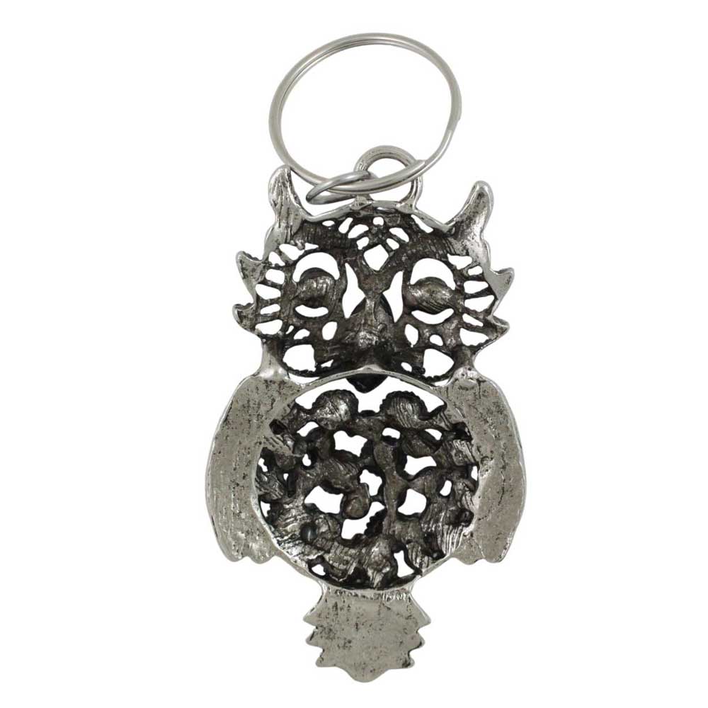 Silver owl-shaped keychain on a white background - Lilylin Designs