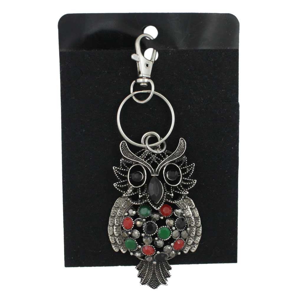 Owl-shaped keychain with colorful stones on a black card - Lilylin Designs