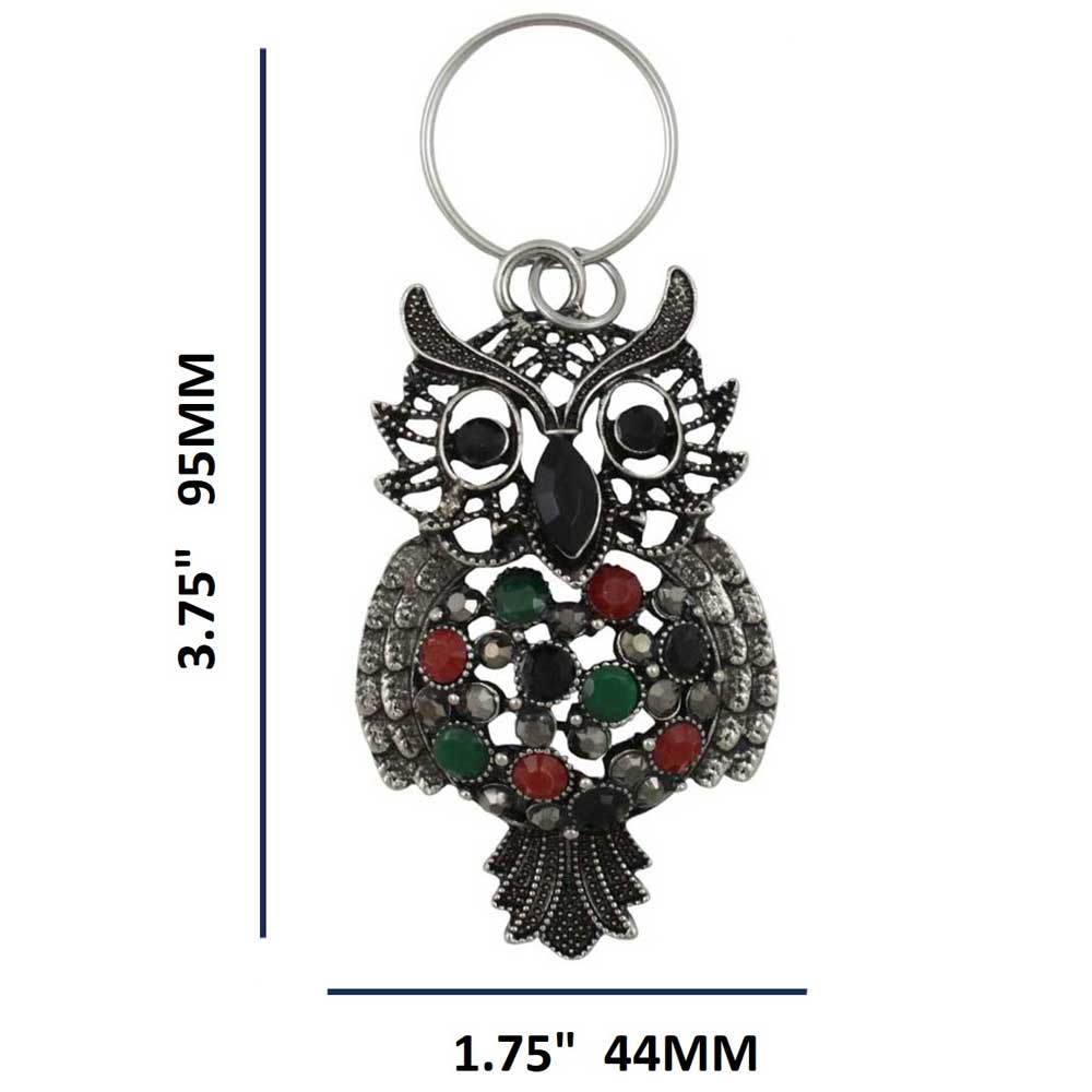 Owl-shaped keychain with colorful stones and measurements on a white background - Lilylin Designs