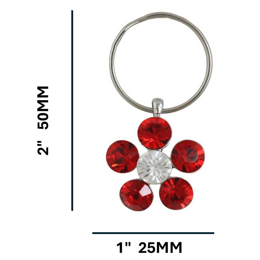 Keychain with red crystal daisy on a white background with measurements - Lilylin Designs