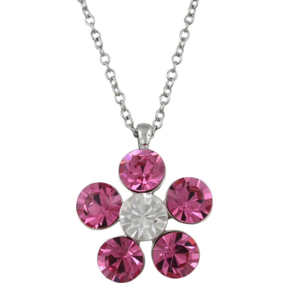 Large Pink Crystal Daisy Pendant on Silver - tone Chain - PT519PK - Lilylin Designs