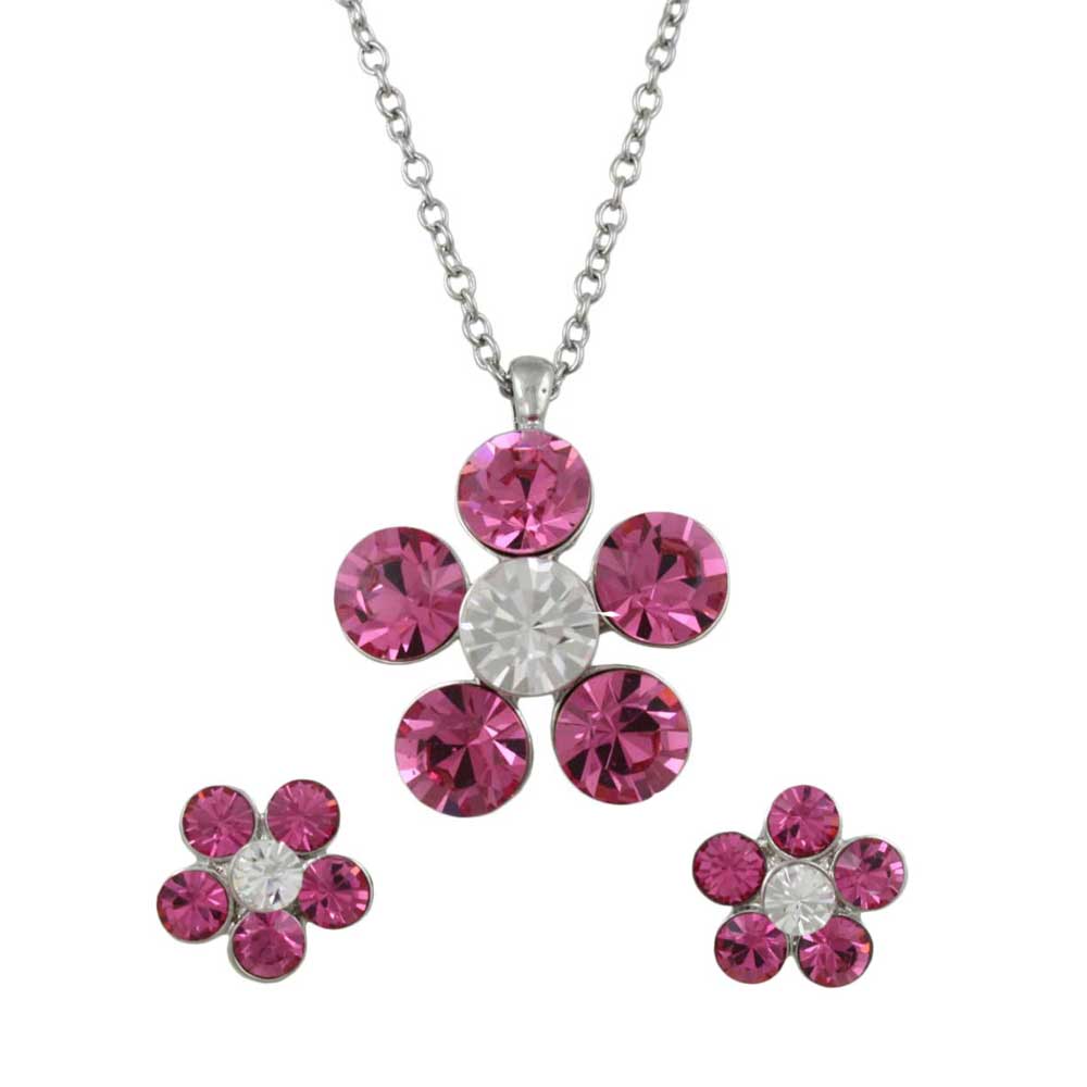 Pink Flower Power Crystal Daisy Necklace and Earring Set - PT519PKBS - Lilylin Designs