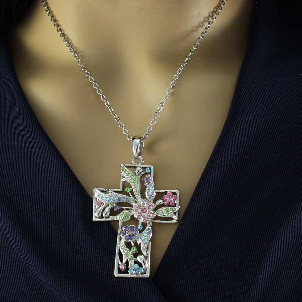 Pastel Floral Cross Necklace with Crystal Daisy Earring Set - PT520BS - Lilylin Designs