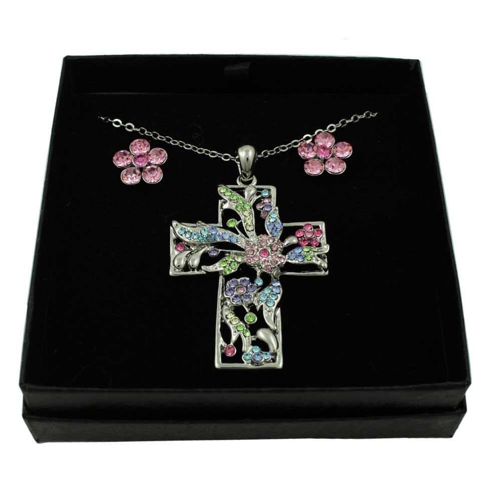 Pastel Floral Cross Necklace with Crystal Daisy Earring Set - PT520BS - Lilylin Designs