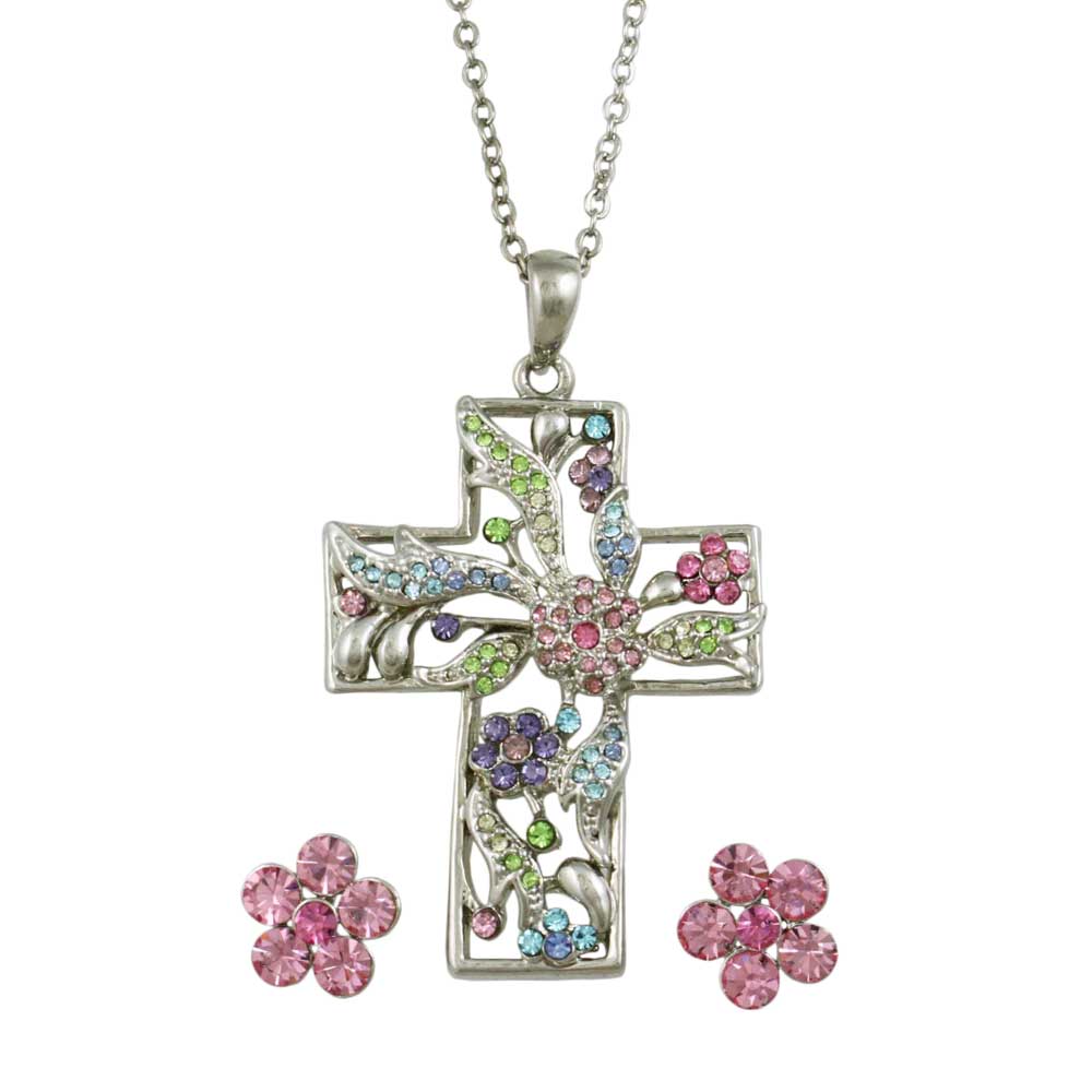 Pastel Floral Cross Necklace with Crystal Daisy Earring Set - PT520BS - Lilylin Designs