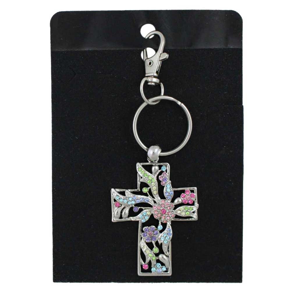 Decorative cross keychain with colorful stones on a black card - Lilylin Designs