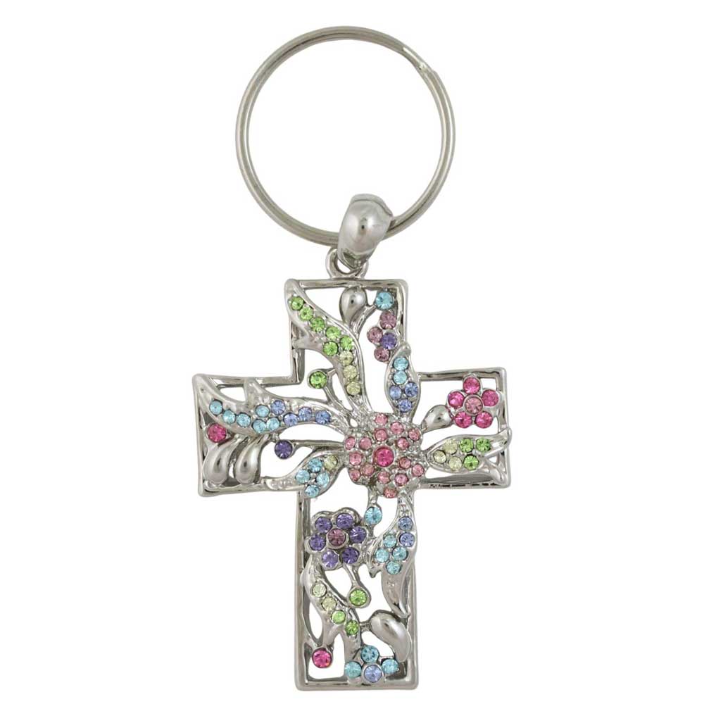 Decorative cross keychain with colorful stones on a white background - Lilylin Designs
