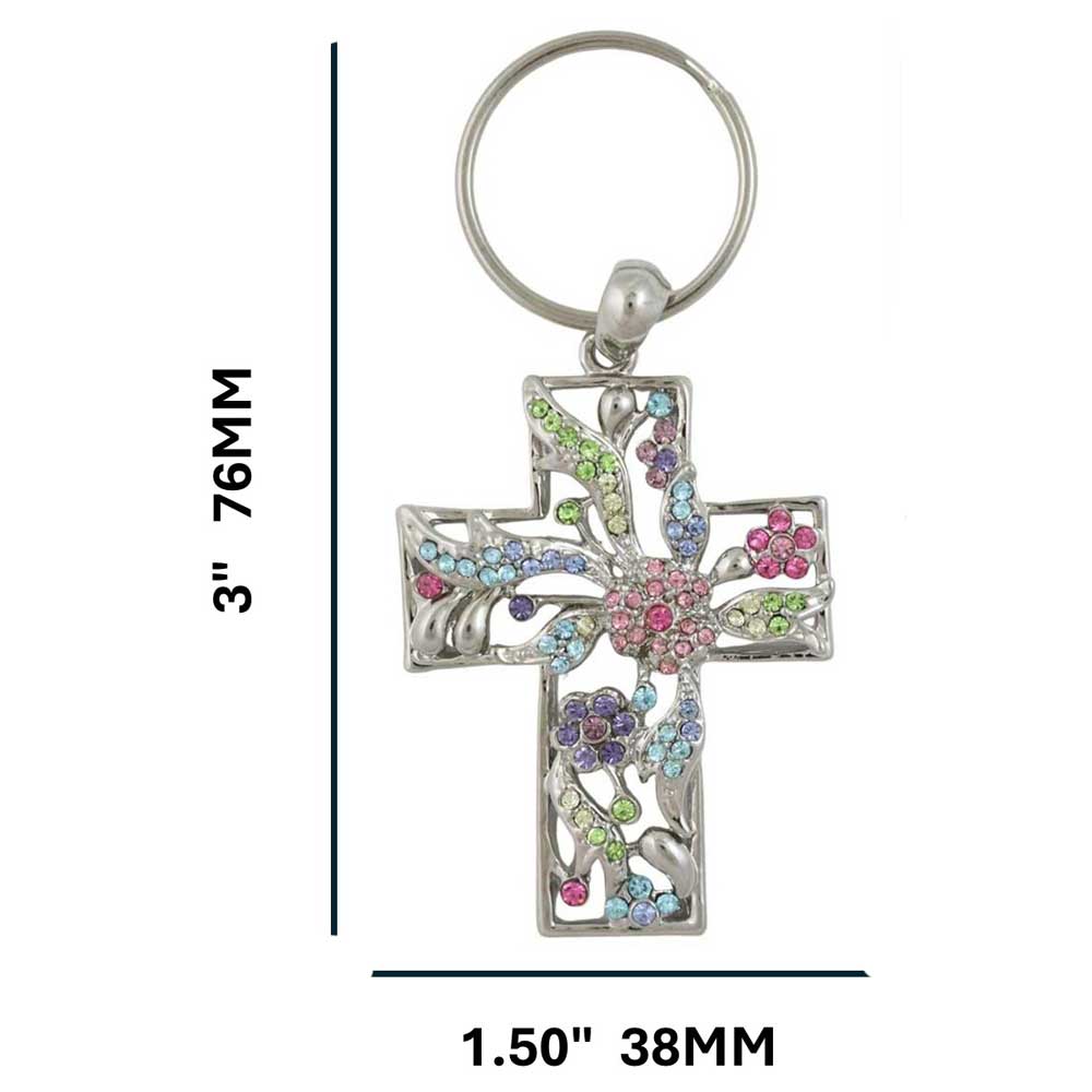 Decorative cross keychain with colorful stones and measurements on a white background - Lilylin Designs