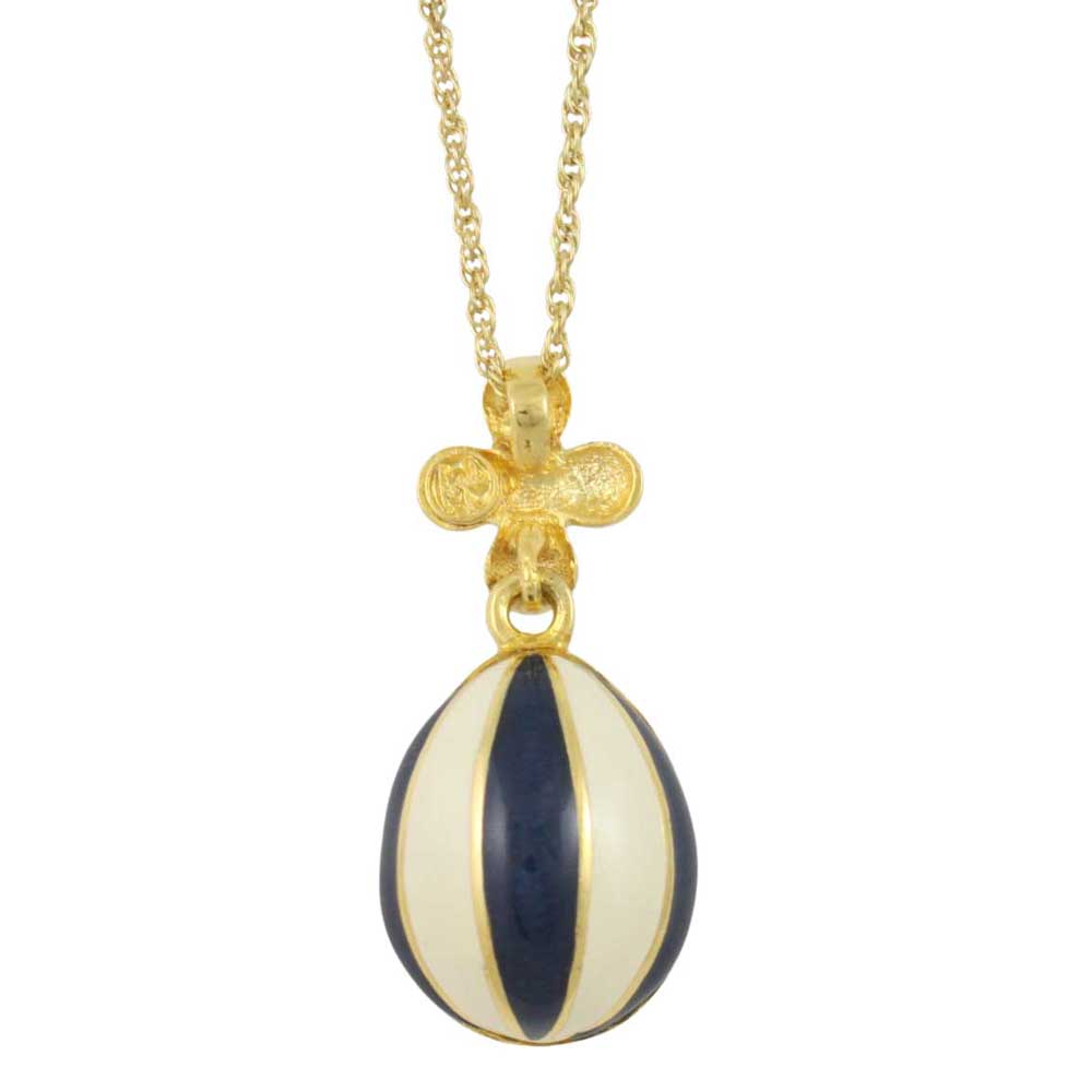 Back view of Blue and White Enamel Striped 3D Egg Pendant on Gold Chain - Lilylin Designs