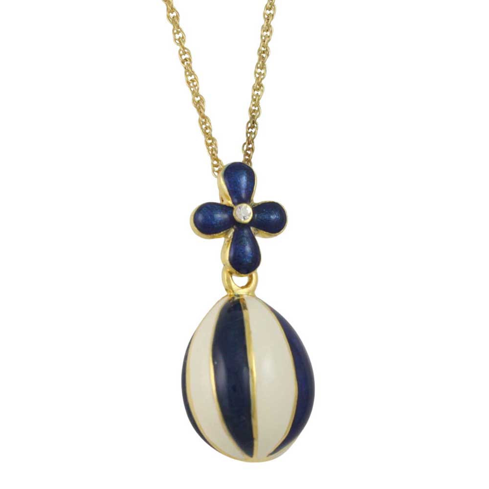 Blue and White Enamel Striped 3D Egg Pendant on Gold Chain - Lilylin Designs