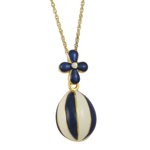 Blue and White Enamel Striped 3D Egg Pendant on Gold Chain - Lilylin Designs