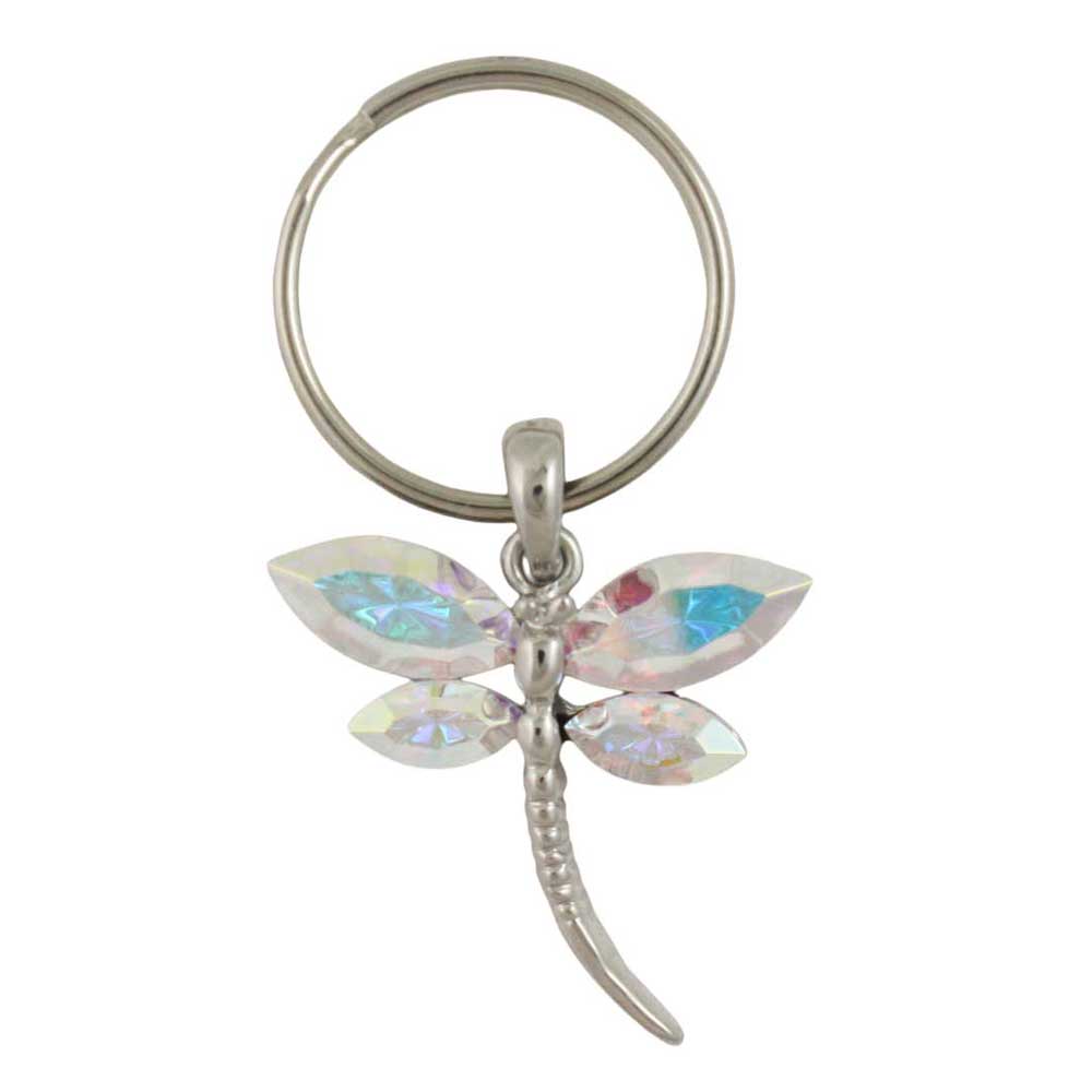Silver dragonfly keychain with iridescent wings on a white background - Lilylin Designs