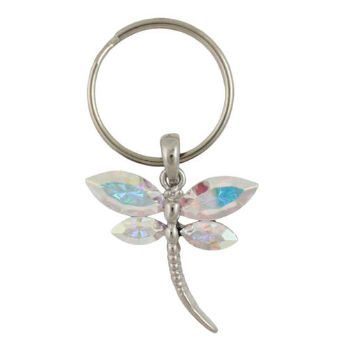 Silver dragonfly keychain with iridescent wings on a white background - Lilylin Designs