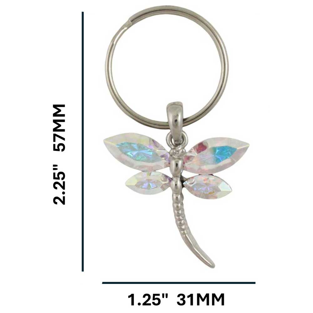 Silver dragonfly keychain with iridescent wings on a white background with measurements - Lilylin Designs