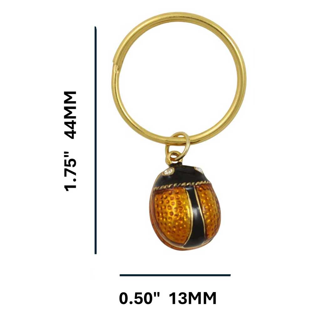 Gold keychain with a brown and black ladybug charm on a white background with measurements - Lilylin Designs