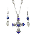 Blue Crystal Cross Necklace and Pierced Earring Set | Lilylin Designs