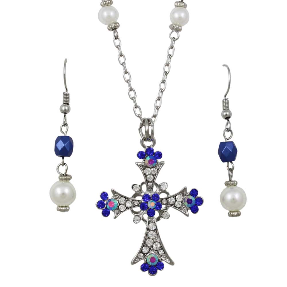 Blue Crystal Cross Necklace and Pierced Earring Set - PT723BL - Lilylin Designs