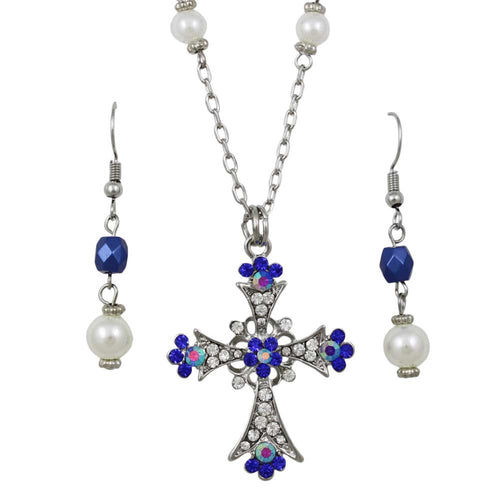 Blue Crystal Cross Necklace and Pierced Earring Set | Lilylin Designs
