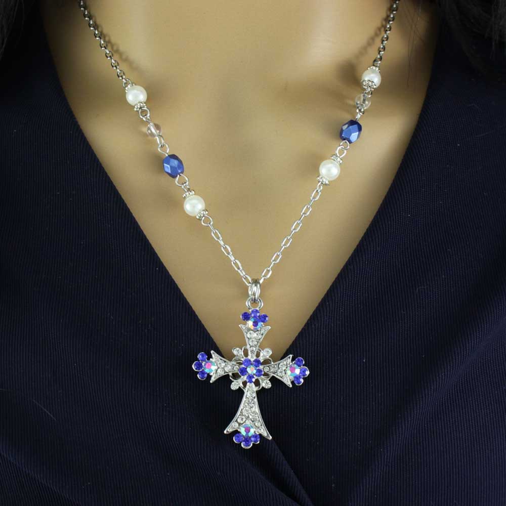 Blue Crystal Cross Necklace and Pierced Earring Set - PT723BL - Lilylin Designs