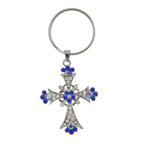 Keychain with blue cross design and floral elements on a white background - Lilylin Designs