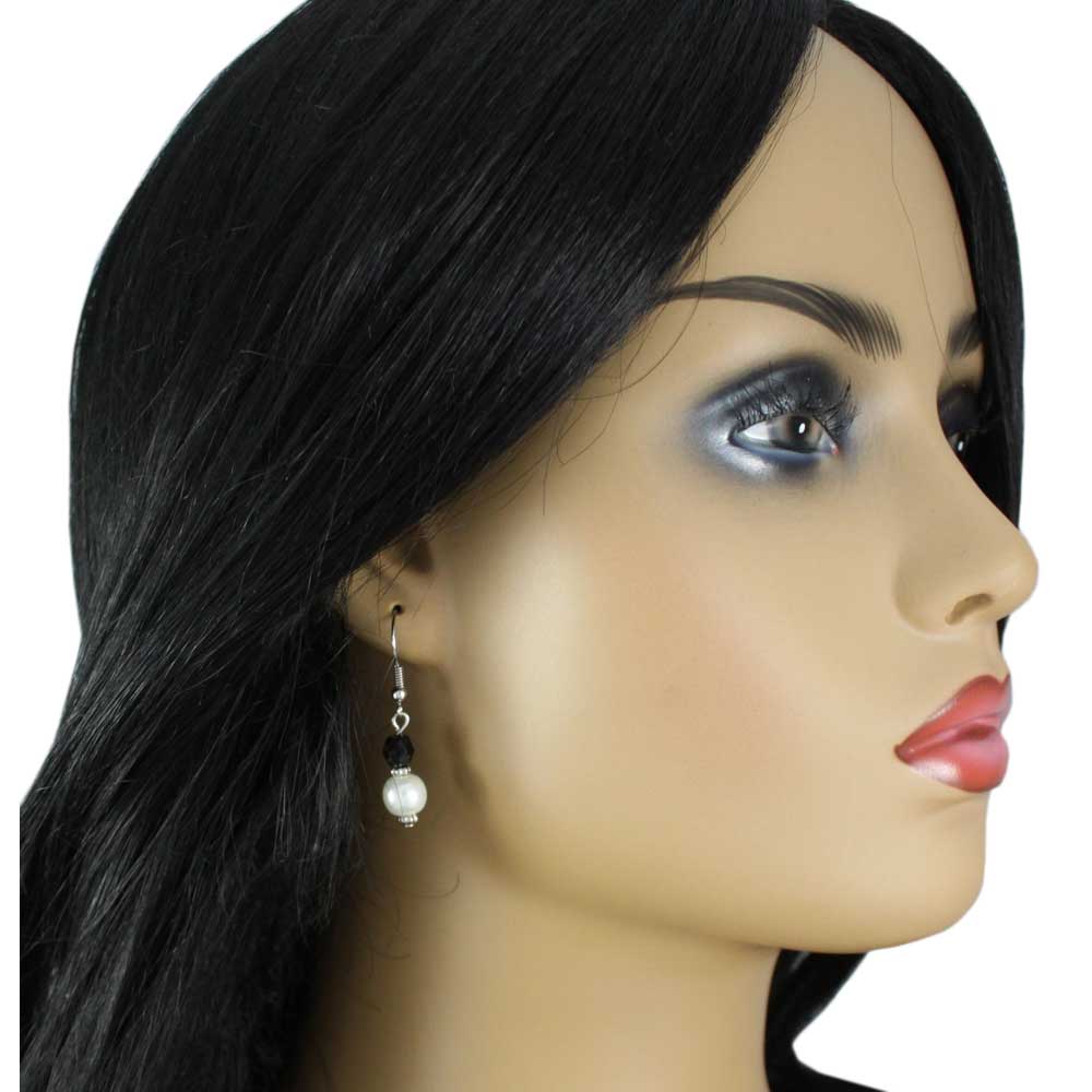 White Pearl with Black Bead Dangling Pierced Earring - PT723E - Lilylin Designs