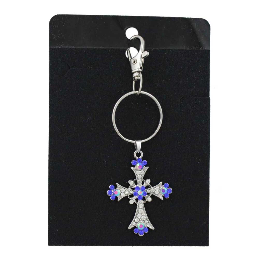 Keychain with cross design and blue accents on a black card - Lilylin Designs