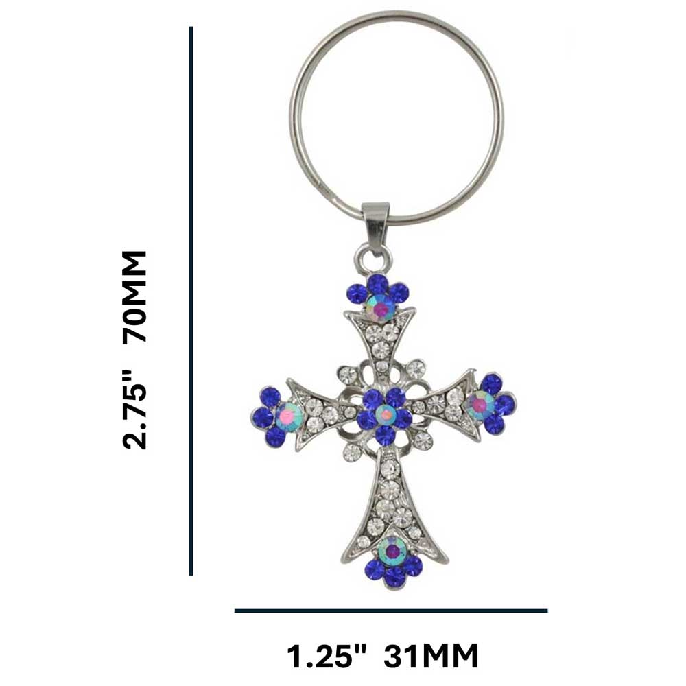 Keychain with blue cross design and floral elements on a white background with measurements - Lilylin Designs