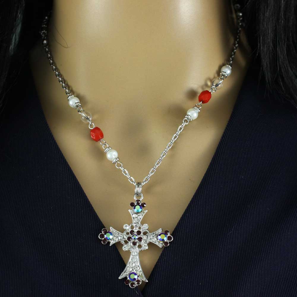 Red Crystal and Pearl Cross Necklace and Earring Set - PT723RD - Lilylin Designs