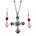 Red Crystal and Pearl Cross Necklace and Earring Set - PT723RD - Lilylin Designs