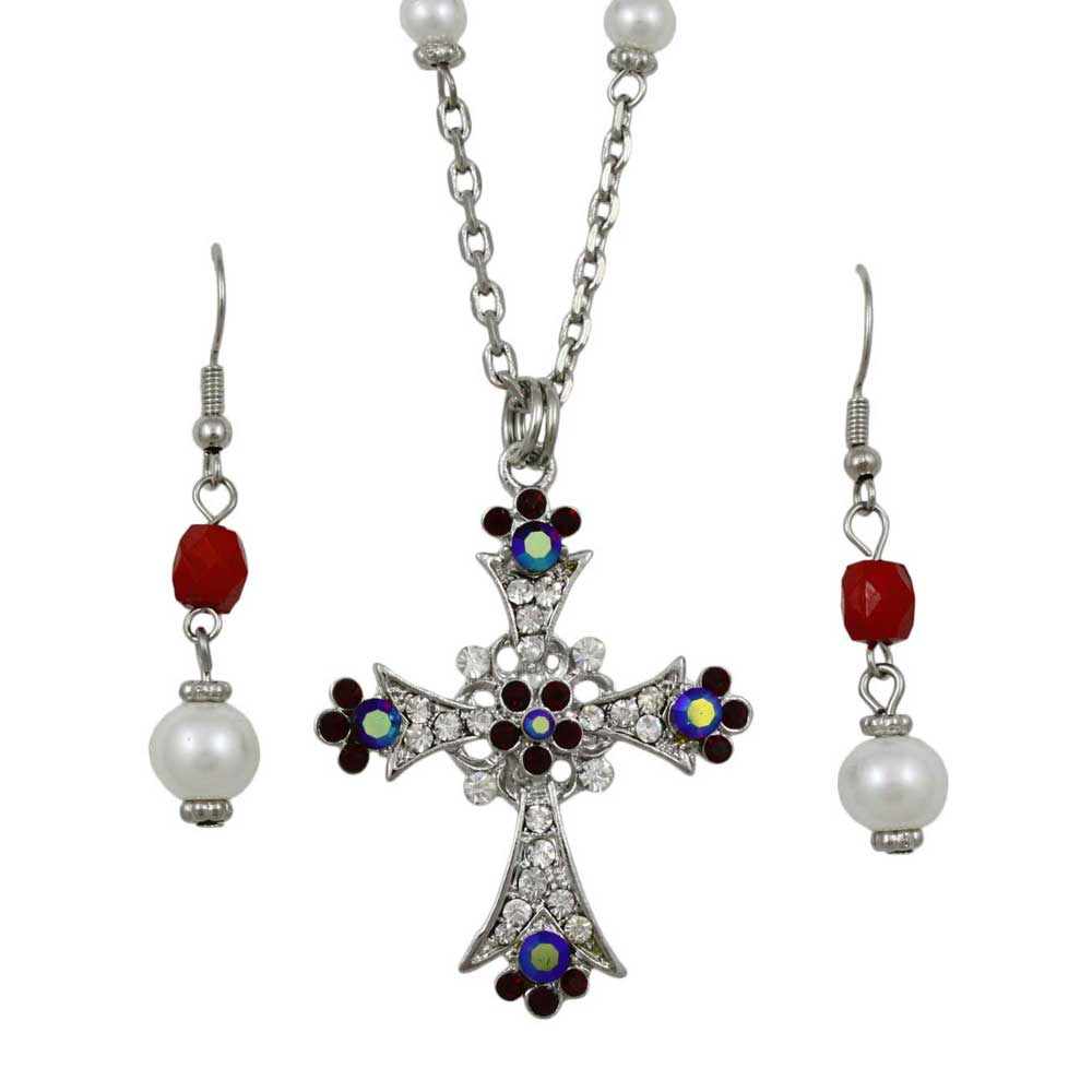 Red Crystal and Pearl Cross Necklace and Earring Set - PT723RD - Lilylin Designs