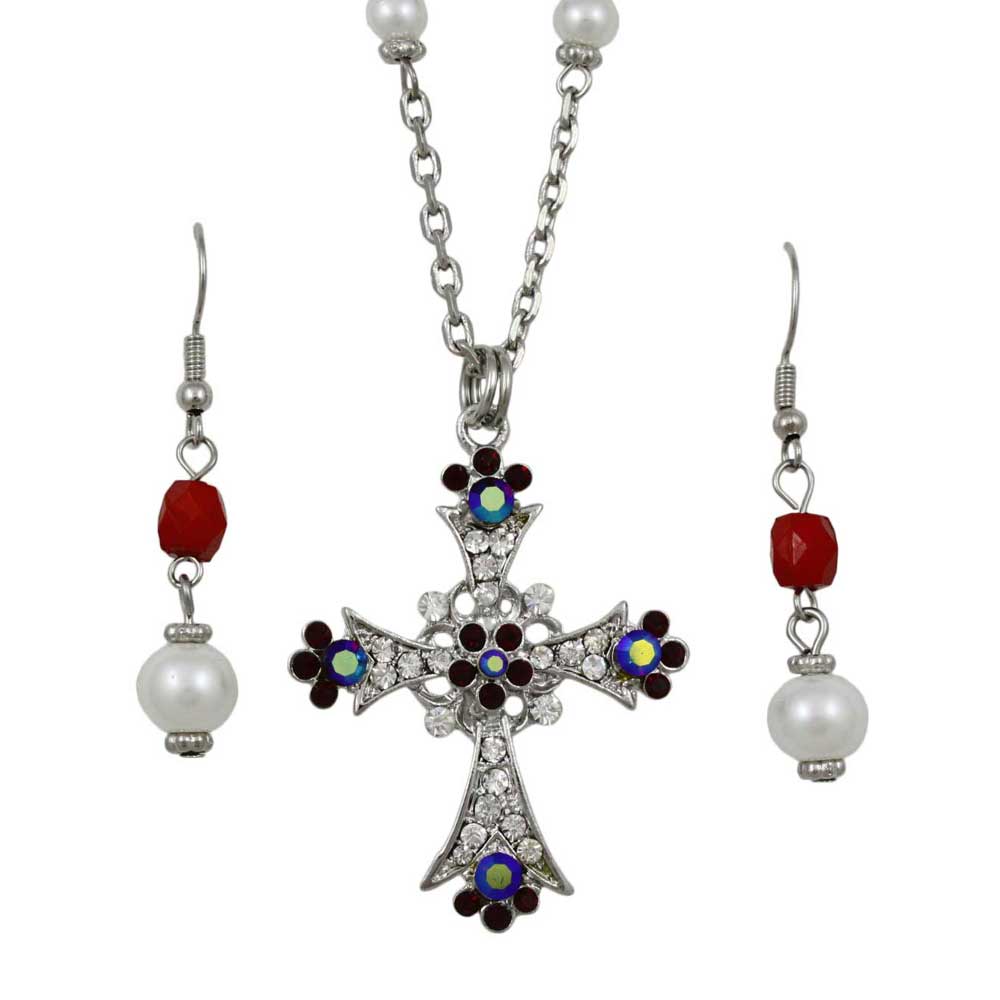 Lilylin Designs Red Crystal and Pearl Cross Necklace and Earring Set