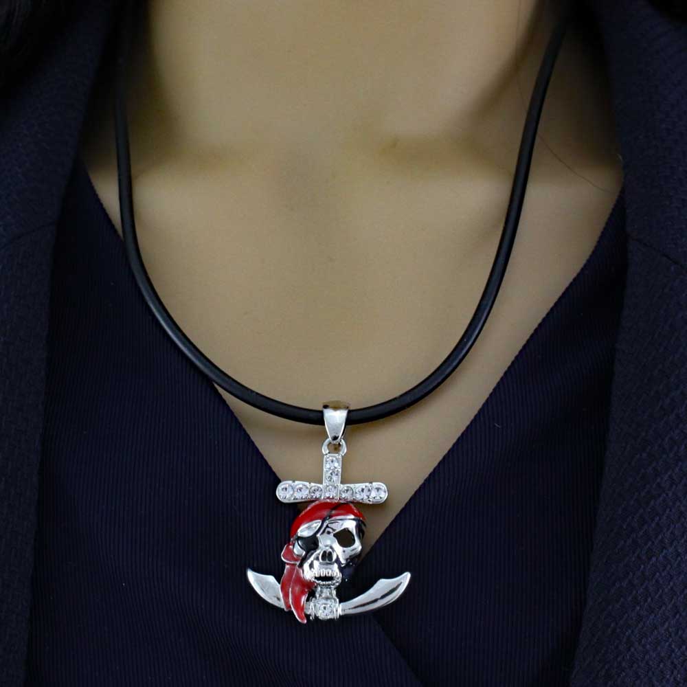 Red Pirate Skull Pendant on Black Rubber Cord - PT789 - Lilylin Designs