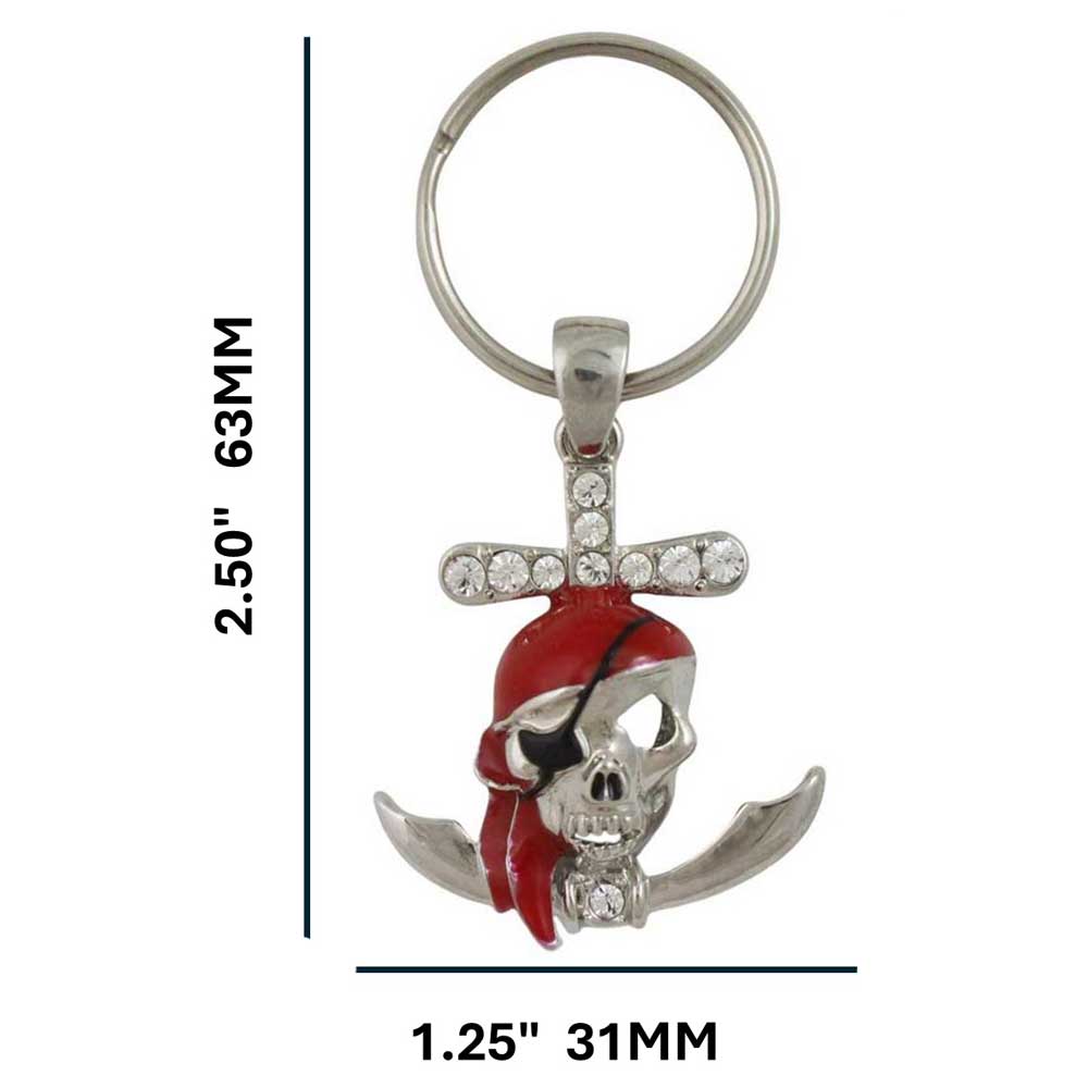 Keychain with pirate skull and cross on a white background with measurements - Lilylin Designs