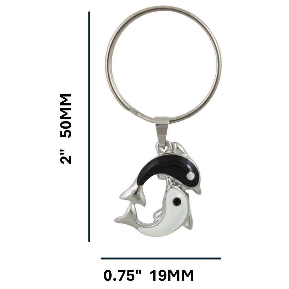 Keychain with black and white dolphins on a white background with measurements - Lilylin Designs