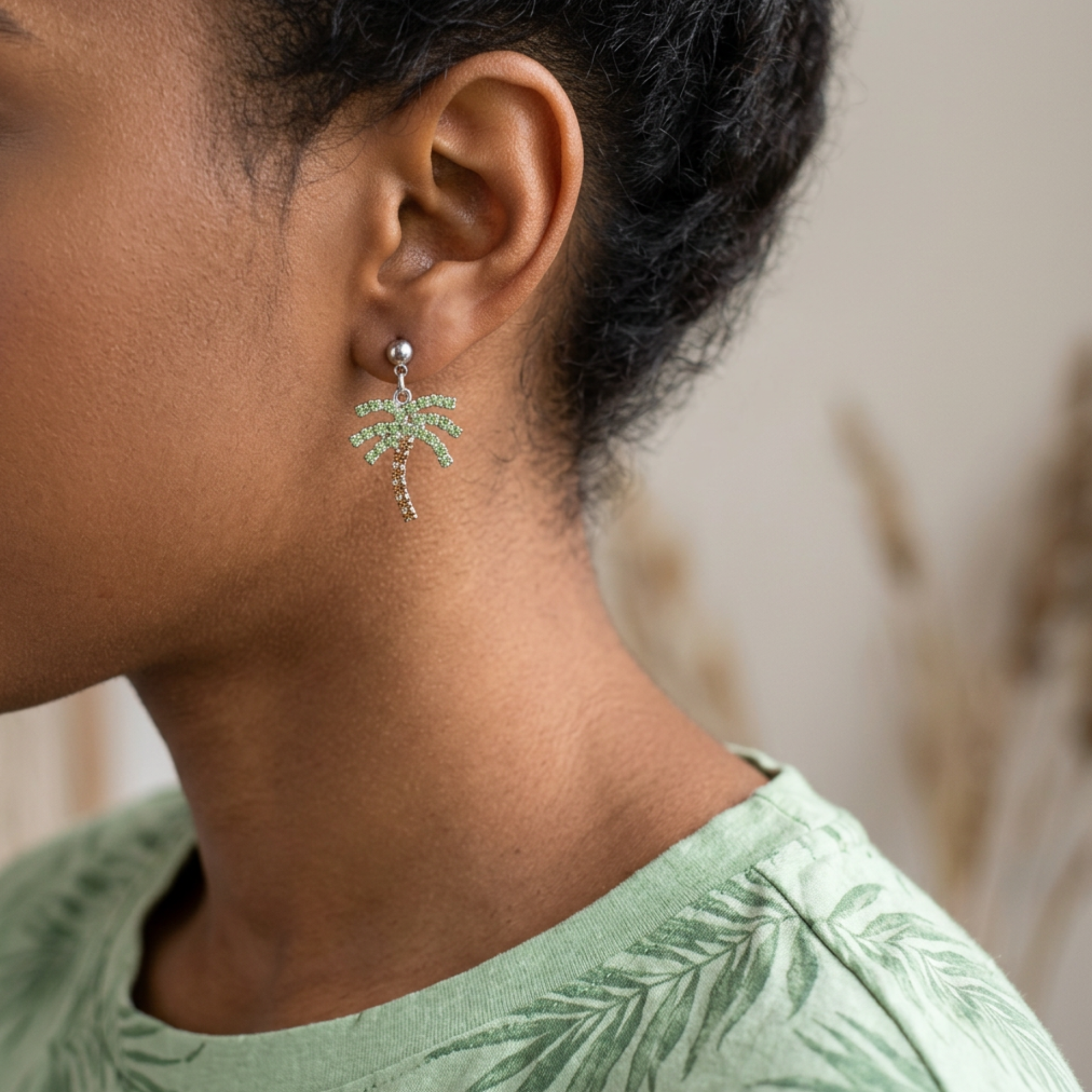 Model wearing Green and Brown Crystal Palm Tree Pierced Earring - Lilylin Designs