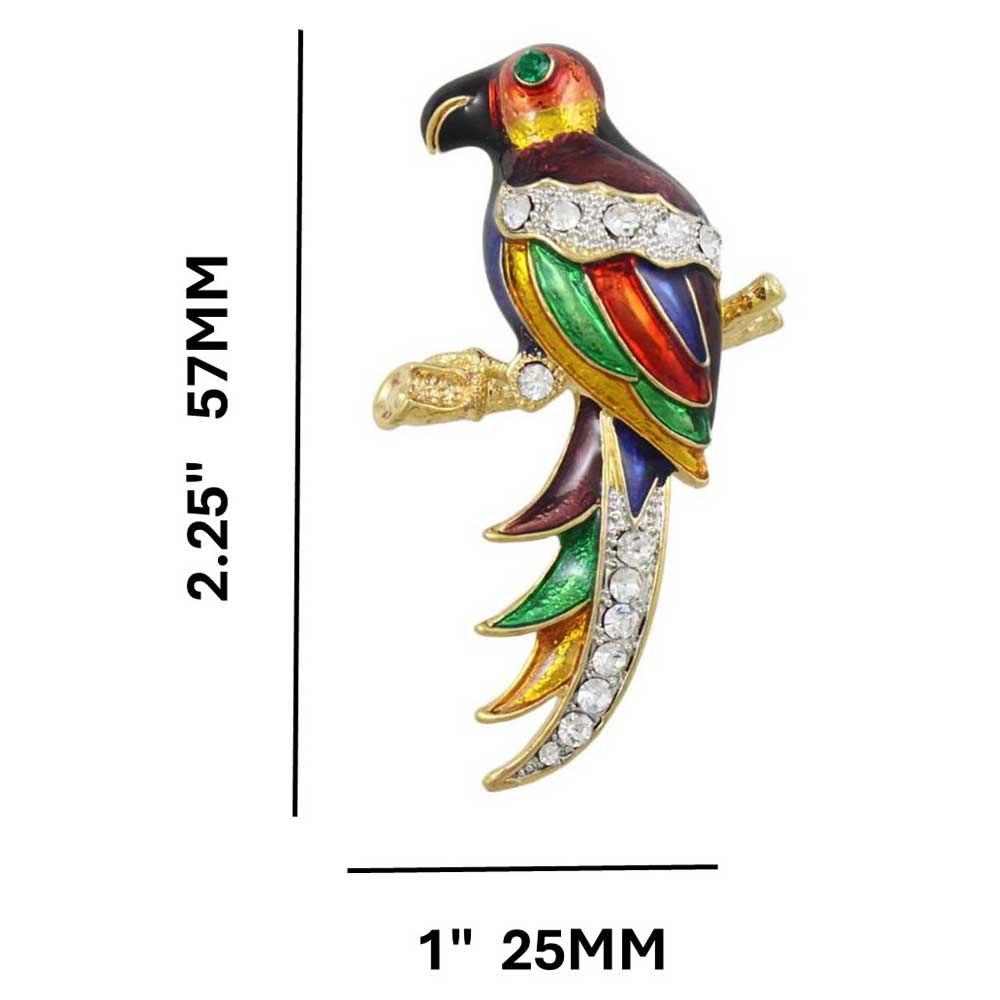 Parrot Brooch Pin with Colorful Dark Enamel and Crystals shown with measurements - Lilylin Designs