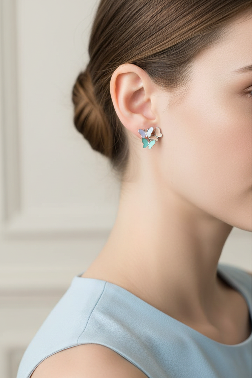 Model wearing pastel butterflies earring - Lilylin Designs
