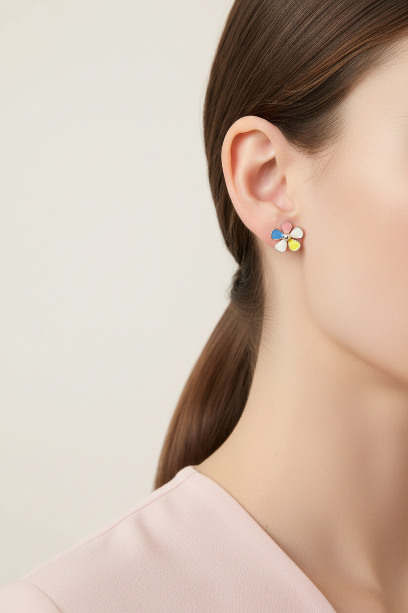 Model wearing pastel daisy flower earring - Lilylin Designs