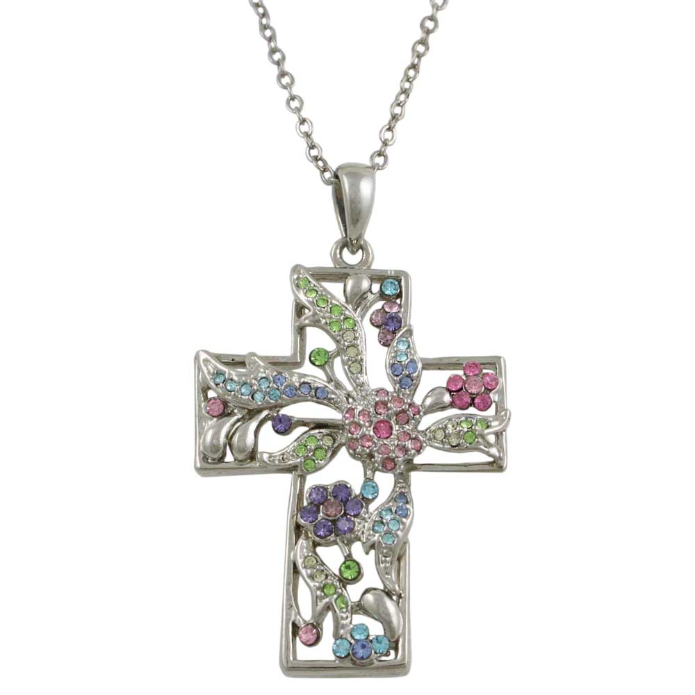 Large Floral Pastel Cross Pendant with Chain - Lilylin Designs
