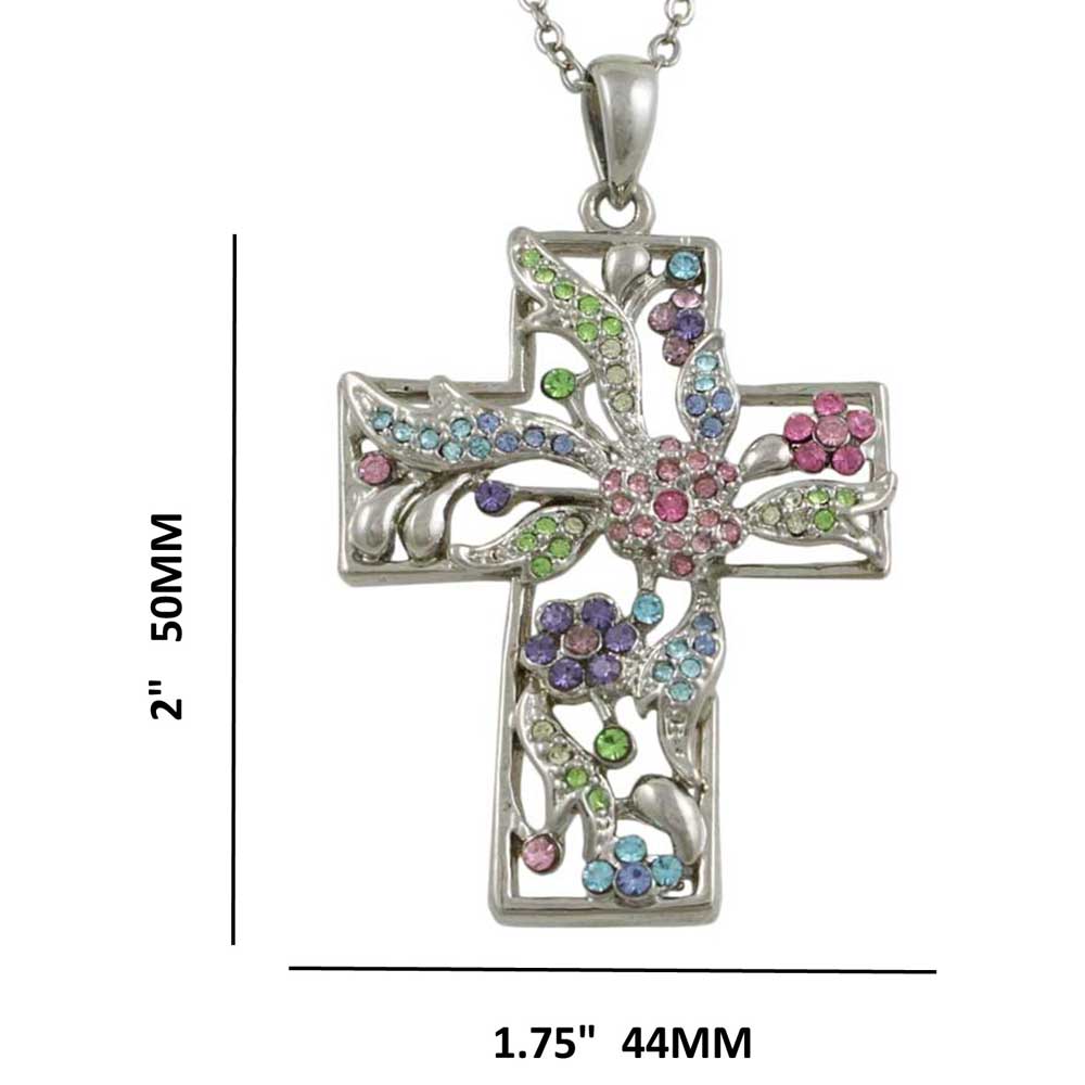 Large Floral Pastel Cross Pendant with Chain with measurements - Lilylin Designs