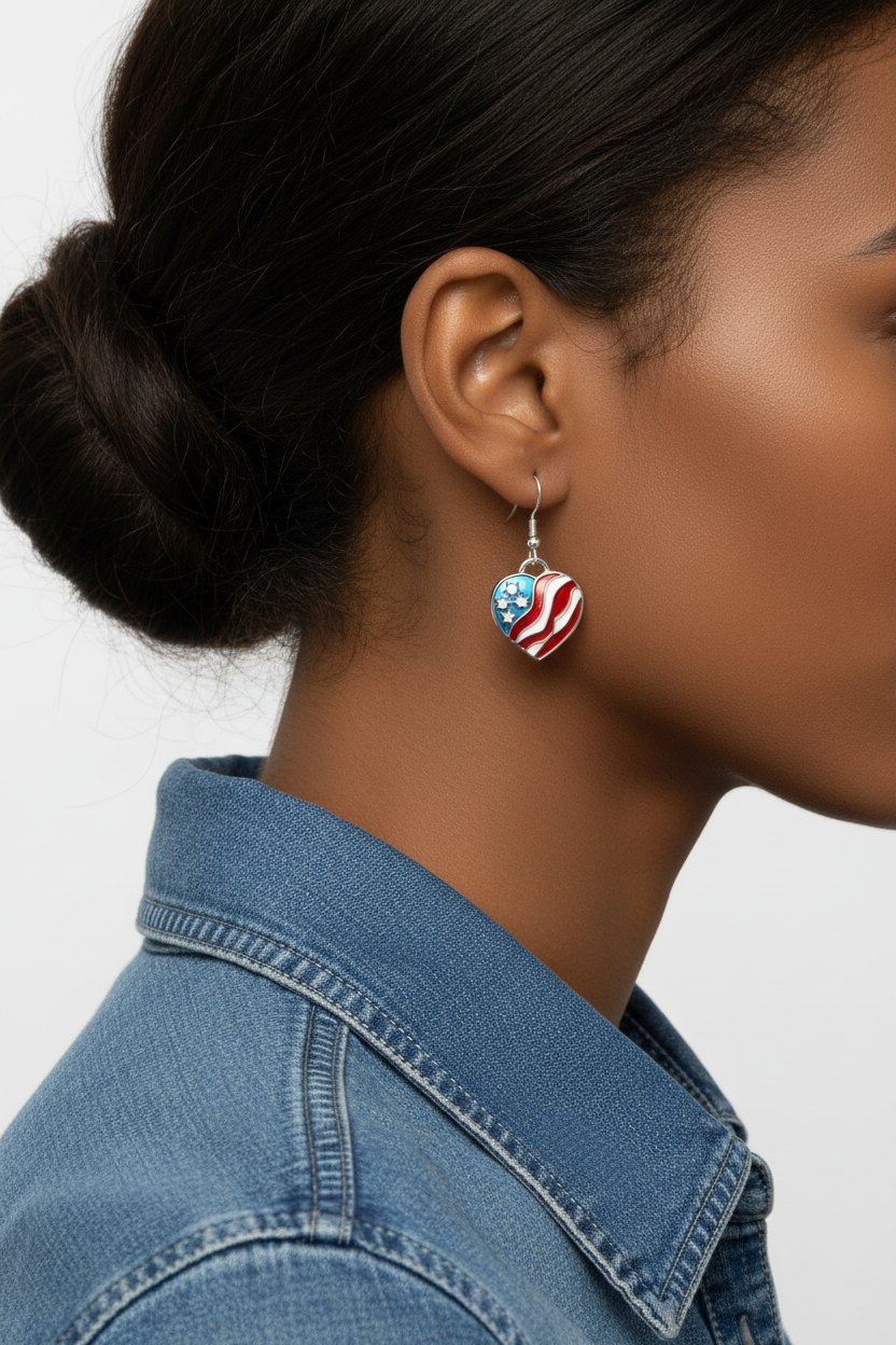 Patriotic Red White Blue Heart Dangling Pierced Earring - BT701E