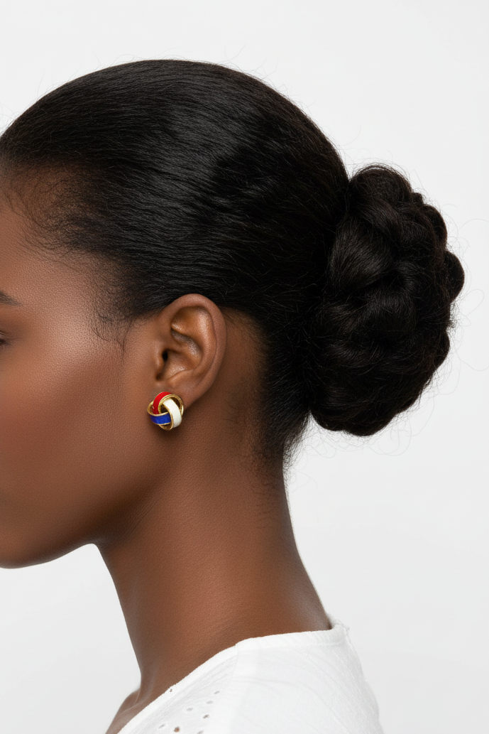 Model wearing red, white and blue love knot earring - Lilylin Designs